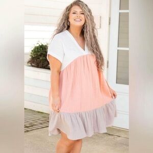 Colorblock V-Neck Dress - White, Pink, and Gray